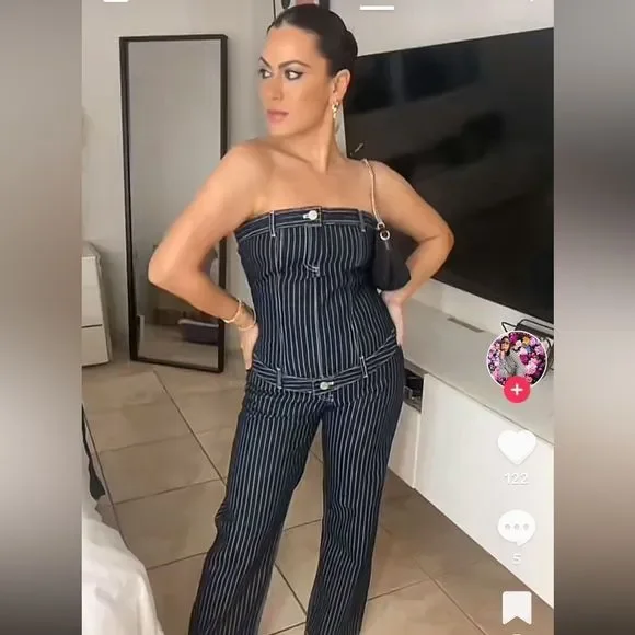 ZARA NEW WOMAN OFF-SHOULDER TRF DENIM TOP WITH STRIPES MEDIUM 5252/009/133/15 - Picture 2 of 9